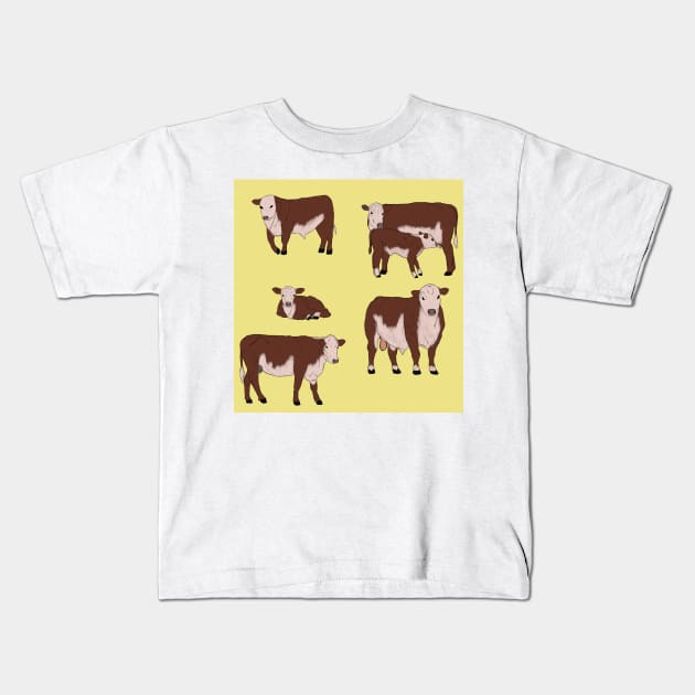 Hereford Cattle Pattern Yellow Kids T-Shirt by TrapperWeasel